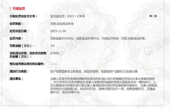火锅锅底有异物 宜兴一海底捞门店被处罚