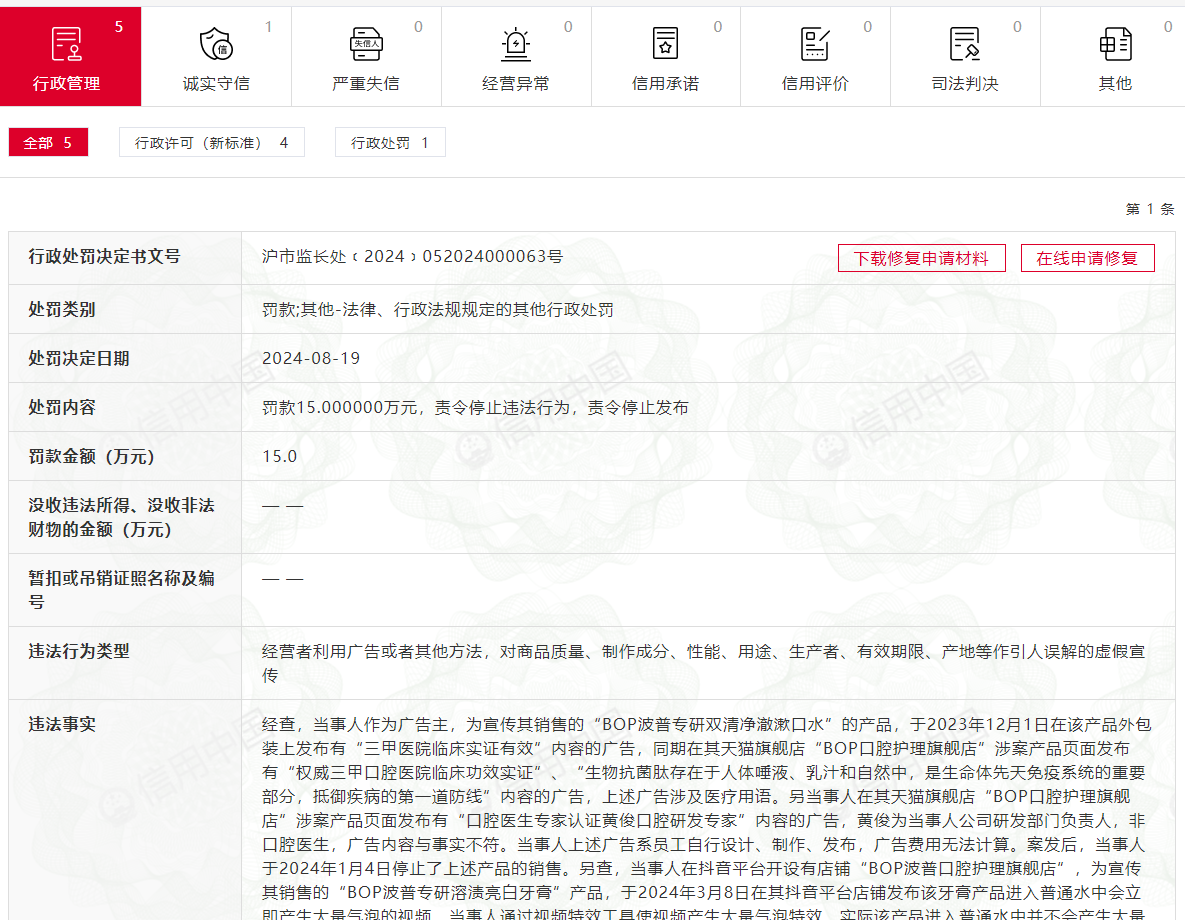 冒充口腔医生、伪造产品效果 口腔护理品牌BOP因虚假宣传被处罚